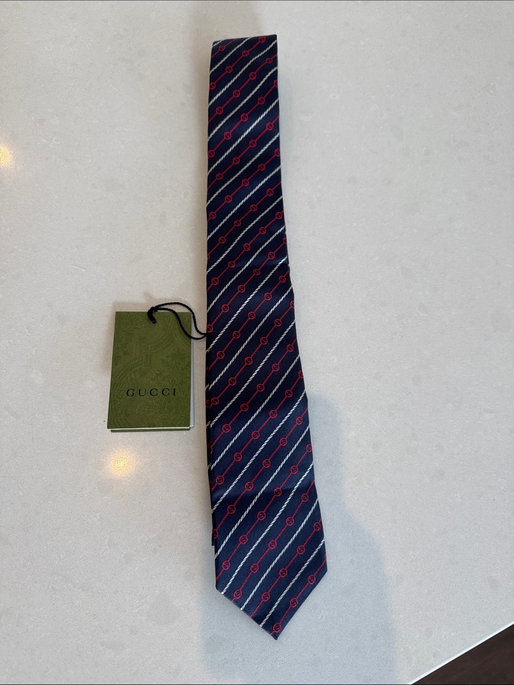 Gucci Navy Tie with Red Diagonal Logo Stripes